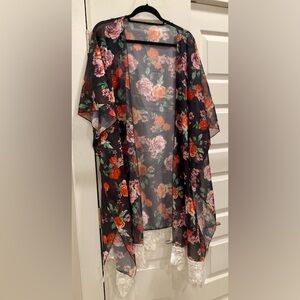 Hibluco Floral Sheer Kimono with Lace Trim M